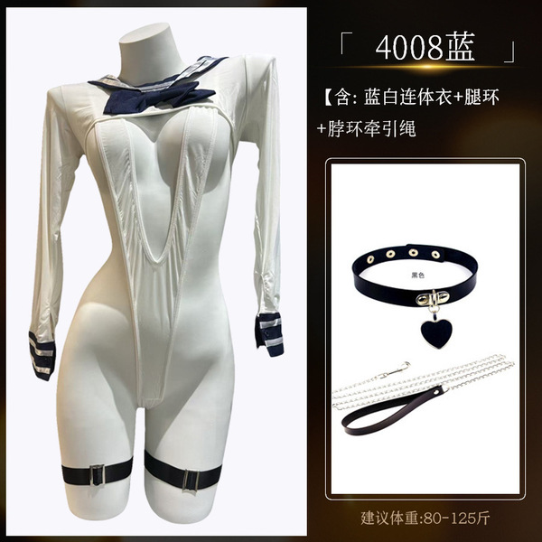 Sexy 6D Seamless Bodysuit with Sheer Mesh & Glossy Black Stockings - Adjustable Halter Neck Lingerie Set - 4008 Blue Set + [8011 Leash Necklace]