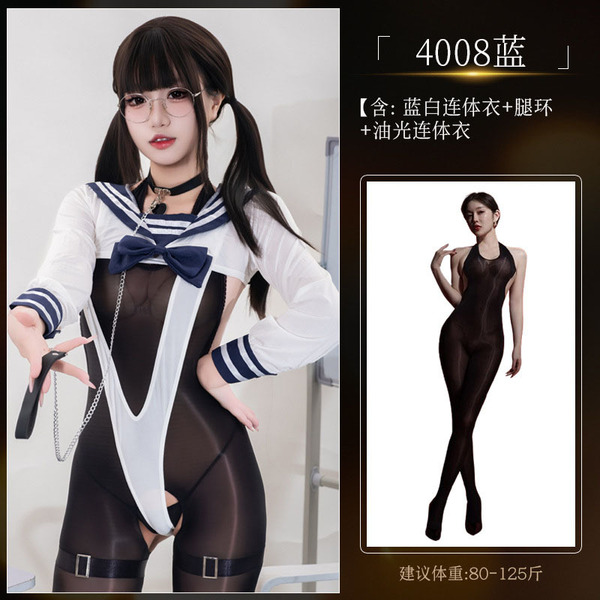 Sexy 6D Seamless Bodysuit with Sheer Mesh & Glossy Black Stockings - Adjustable Halter Neck Lingerie Set - 4008 Blue Suit + [4403 Black Glossy Bodysuit]