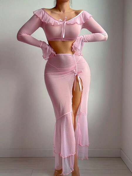 European Fashion Sheer Mesh Lotus Off-Shoulder Long Sleeve Split Bodycon Lingerie Set - pink