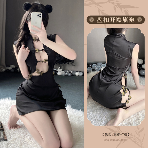 Seductive Qipao-Style Lingerie Sleepwear for Women – High-Slit, No-Remove Erotic Nightwear, Pure & Tempting Design - black