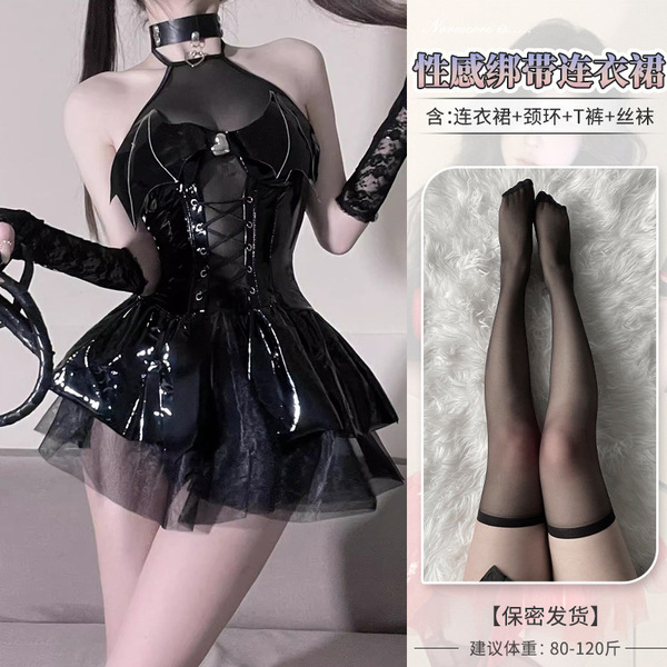 Genuine PU Leather Devil Costume Set - Seductive Role Play Lingerie Outfit for Women - 4076 Black Little Devil [+S3 Flat-Chested Stockings]