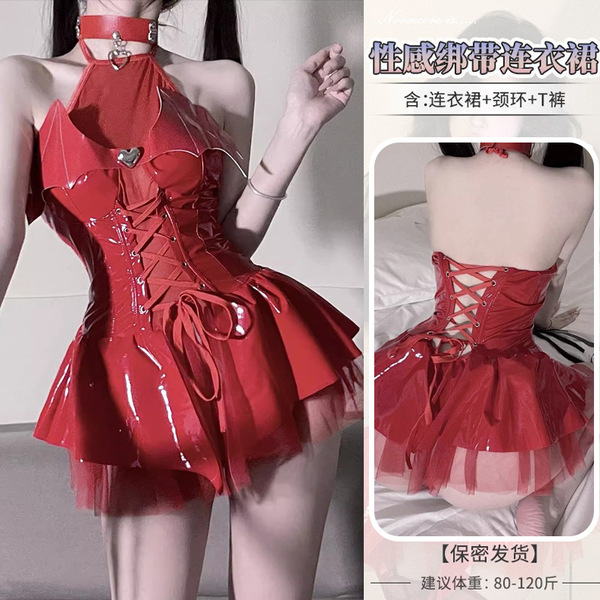 Genuine PU Leather Devil Costume Set - Seductive Role Play Lingerie Outfit for Women - 4076 Red Little Devil [Dress + Necklace + T-shirt]