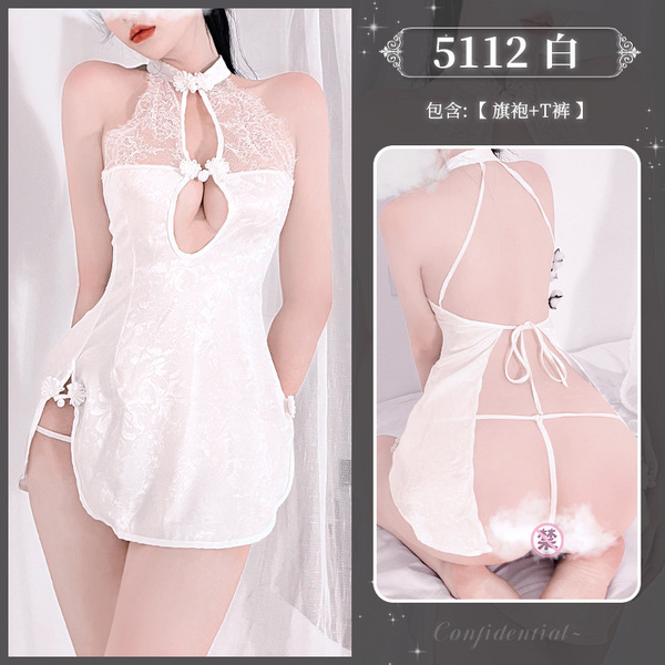 Vintage Lace Cheongsam Lingerie Set - Sheer Seductive Side-Slit Backless Erotic Outfit for Women - White
