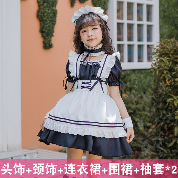Japanese Girl Black Maid Dress - Cute Lolita Princess Costume for Kids, Kawaii Child Servant Outfit - Model 4088: Black 6-piece set
