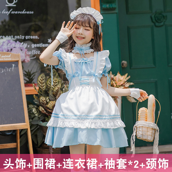 Japanese Girl Black Maid Dress - Cute Lolita Princess Costume for Kids & Toddlers - Style 4088: Blue 6-piece set + blue bow-tie white socks