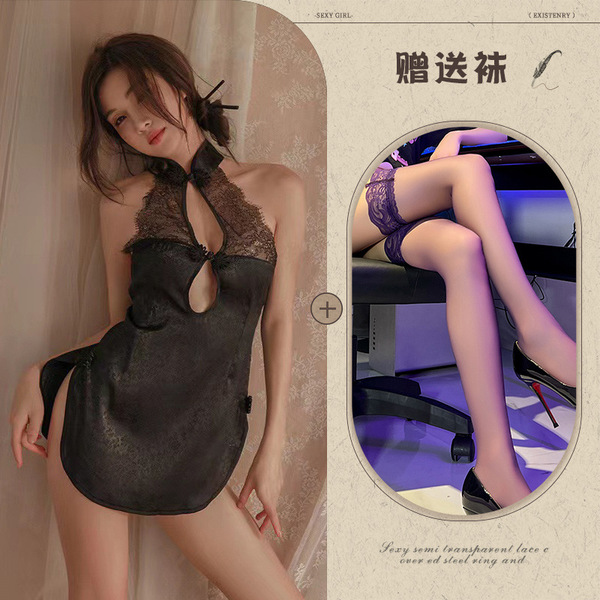 High-Neck Lace Print Lingerie Set – Vintage-Inspired Sheer Cheongsam Sleep Dress with Side Slit & Retro Appeal - Black + black stockings