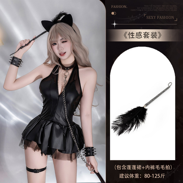 Genuine Yun Sensual PU Halter Mini Skirt - Cute Demon Cosplay Outfit for Women, Japanese Anime Style Kawaii Uniform - 4107 Black Set + [Fluffy Racket]