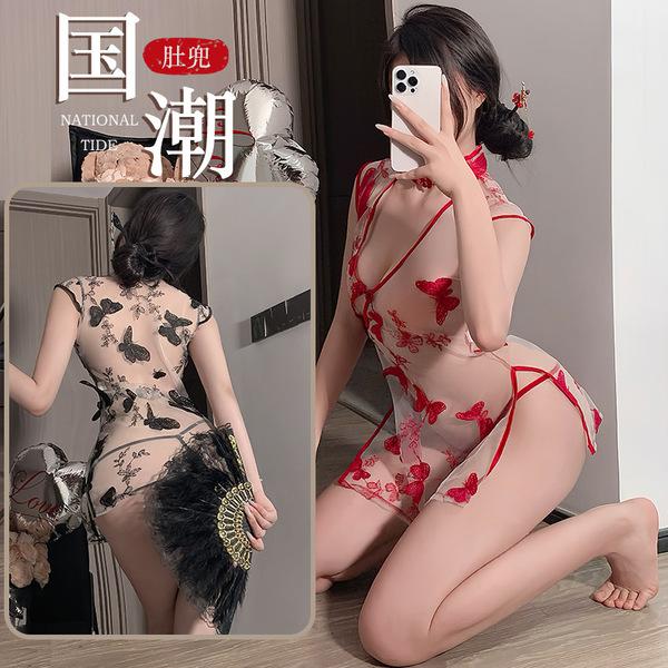Red desire lace cheongsam outfit - sexy sheer vintage butterfly embroidery split dress set, featuring intricate designs and e...