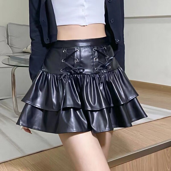 Glowing Dark Chic High-Waisted Ruffle Leather Skirt for Women – Sexy A-Line Bodycon Midi Skirt with Tie Waist & Pleated - 4159 Black Leather Skirt