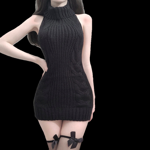 Sexy sleepwear set featuring a liquid-fitted black knit dress with high neck and sheer mesh thigh-high stockings, perfect for...