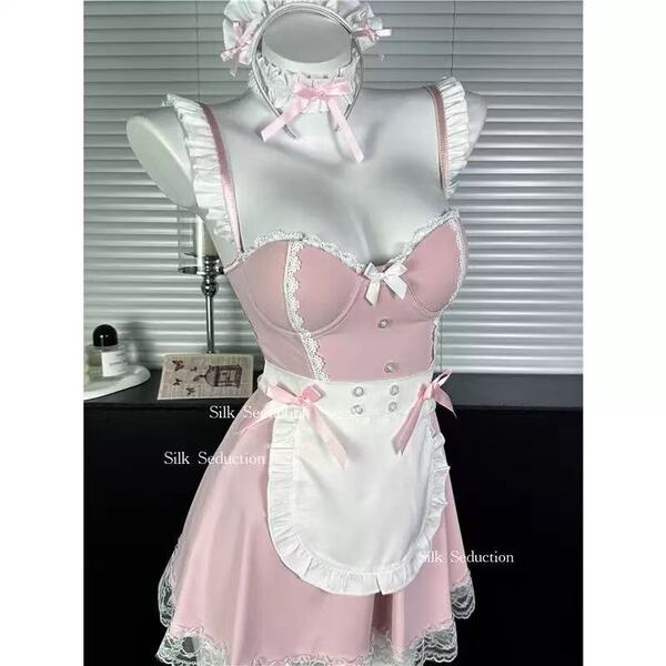 Sexy Maid Costume Set for Women - Steel-Boned Push-Up Lingerie & Playful Cosplay Sleepwear Outfit - 4162 Pink and White Maid Outfit [+S1 White Lace Stockings]