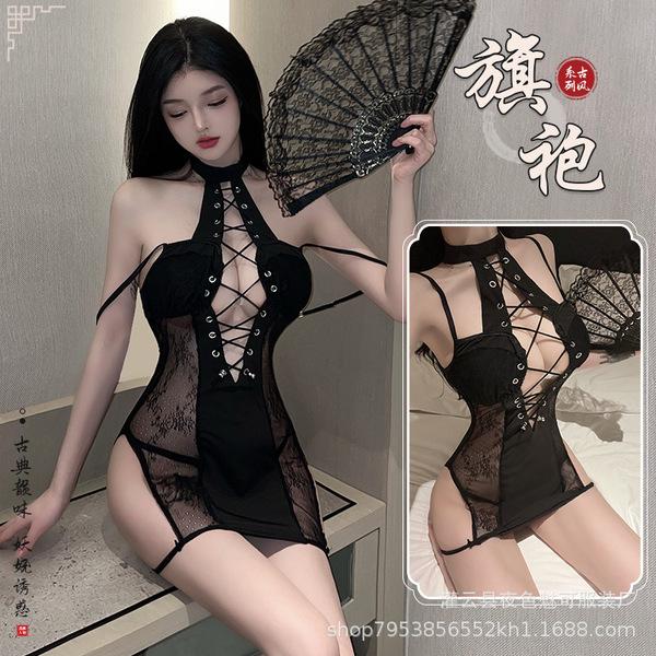 Flirty sheer cheongsam lingerie set - sexy uniform sleepwear for small bust, bedroom temptation outfit