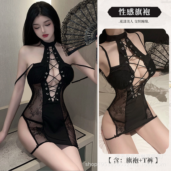 Flirty Sheer Cheongsam Lingerie Set - Sexy Uniform Sleepwear for Small Bust, Bedroom Temptation Outfit - Image color