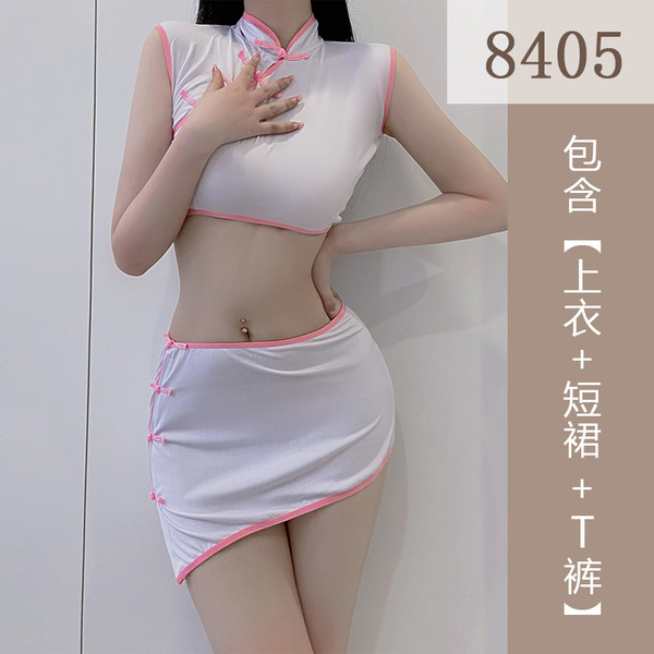 Sexy Qipao Lingerie Set - Hot Hip-Hugging Short Panty Two-Piece Bedroom Play Outfit for Women - White