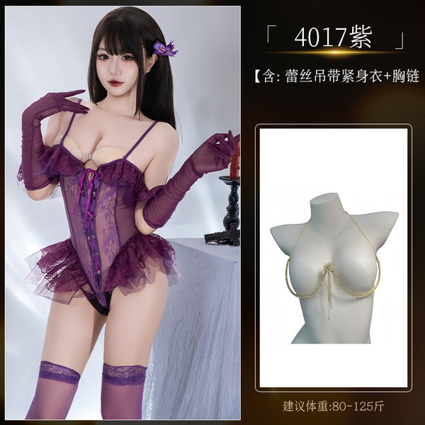 QQNY Sexy Lace Corset Bodysuit – Fishbone Waist Trainer with Steel Boning & Sheer Mesh - Set 4173 + [8113 Chest Necklace]