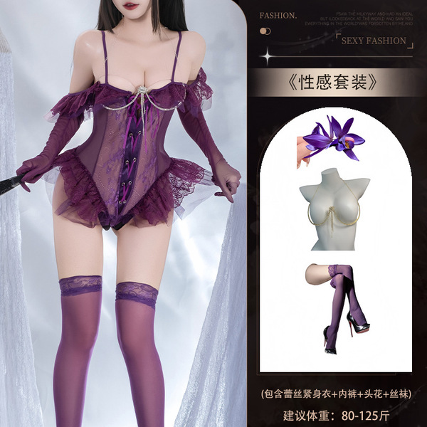 QQNY Sexy Lace Corset Bodysuit – Fishbone Waist Trainer with Steel Boning & Sheer Mesh - Set 4173 + [8113 Chest Necklace + 8108 Dark Purple Hair Flower + S1 Purple Stockings]