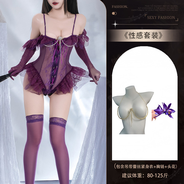 QQNY Sexy Lace Corset Bodysuit – Fishbone Waist Trainer with Steel Boning & Sheer Mesh - Set 4173 + [8113 Chest Necklace + 8108 Dark Purple Hair Flower]