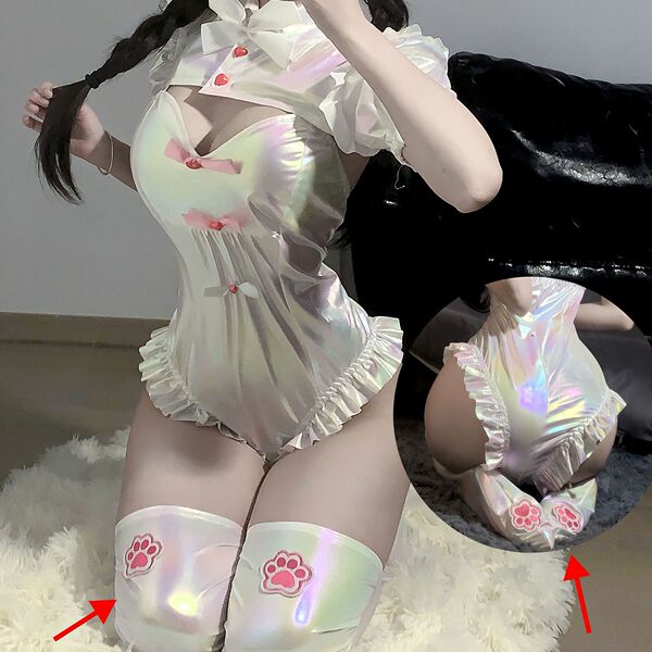 Guoyun QQNY Cosplay Swimsuit - Kawaii Backless Sexy Bikini Inspired by Suger-chan - Set 4208 + Floral White Cat Paw Socks
