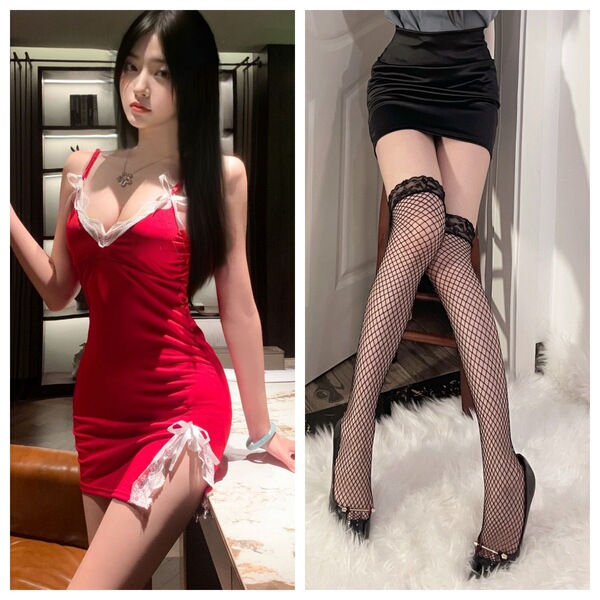 Pure & Playful Lingerie Sleep Set – Sexy Sheer Sleep Dress for Women, Romantic Nightwear Collection - Burgundy + Black Fishnet Stockings