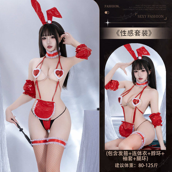 Seductive Bunny Costume for Women - Sexy No-Remove Lingerie Set, Pure & Tempting Bikini Outfit by QQNY - 4230 Red Set [Headband + Bodysuit + Neck Ring + Sleeve Covers *2 + Leg Rings *2]