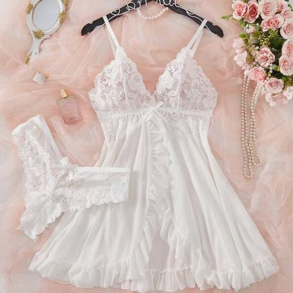 Lace Cami Set Women's Sexy Sleepwear - V-Neck Matching Lingerie Outfit, Elegant European Style Nightwear - White