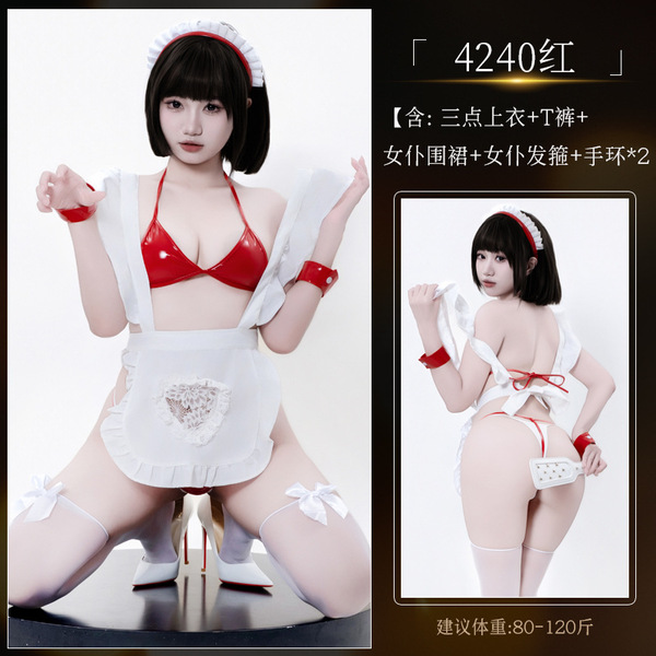 GlowCloud Anime-Inspired Sexy Bikini Set - Adjustable PVC Strap Halter Bra & Briefs - 4240 Red Outfit [Three-piece top + T-shirt + Maid apron + Maid headband + Bracelet*2]