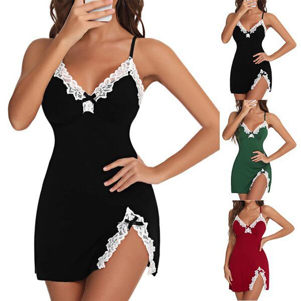 Sexy lace sleep dress set featuring deep v-neckline, push-up design, bow detail, and side slit; perfect for plus-size comfort...