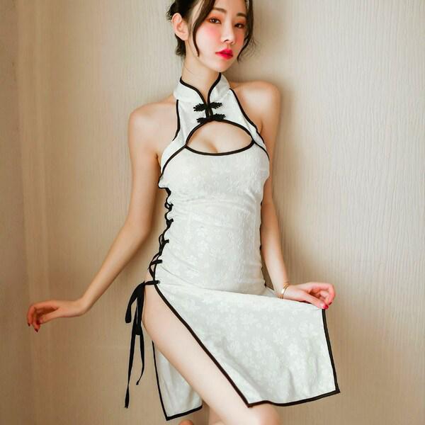 Vintage-inspired lace cheongsam lingerie featuring side slit, seductive binding, and intricate cut-out design.