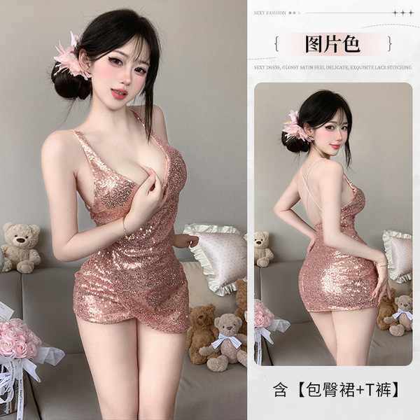 Seductive Deep-V Lingerie Dress - Sparkle Mesh Strapless Club Outfit, No-Remove Temptation Nightclub Fashion - Image color