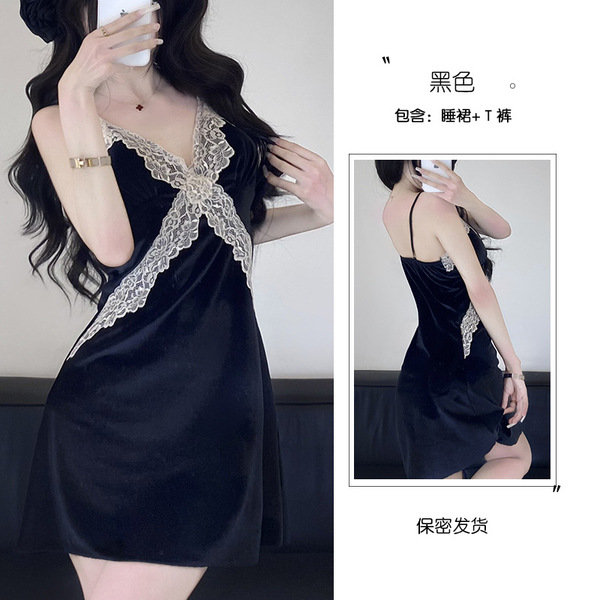 Luxury Gold Velvet Lace Sleep Set for Women – Padded Strapless Nightgown & Matching Bralette, Fall/Winter 2025 Collectio - black