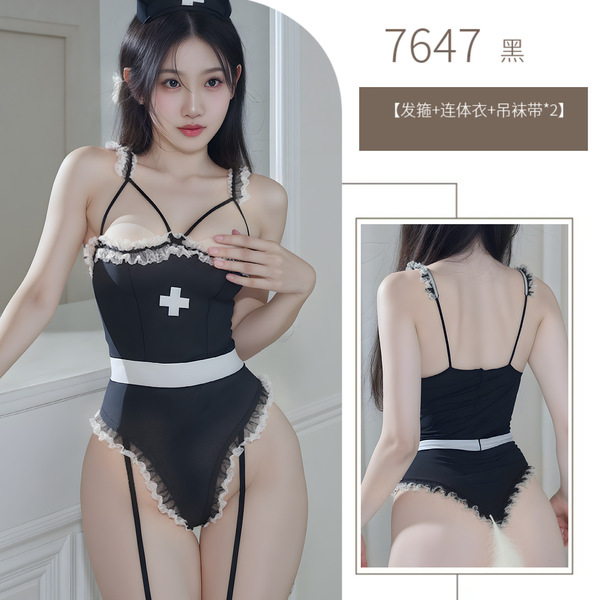 New Sexy Nurse Costume for Women - Pure & Tempting Tight-Fit Roleplay Bodysuit Outfit 7647 - black