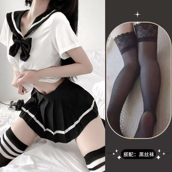 Sexy Student-Style Lingerie Set - Cute JK Uniform Short Skirt Outfit for Women - Black + black stockings