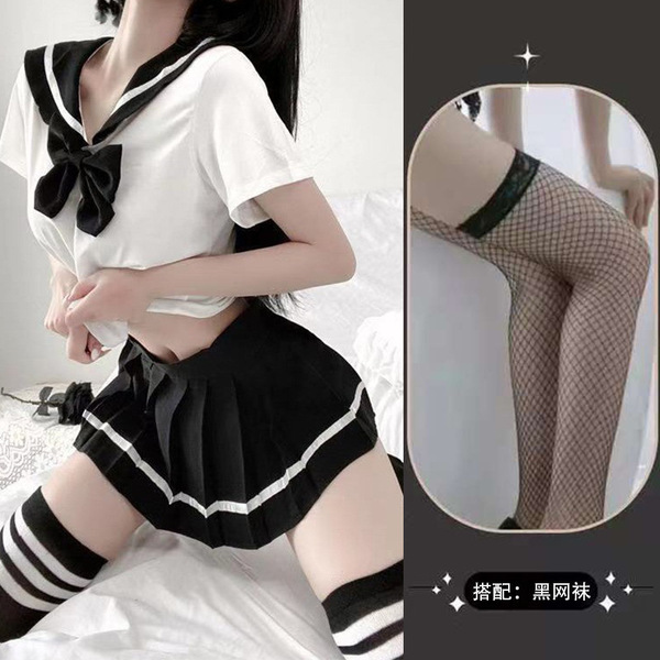 Sexy Student-Style Lingerie Set - Cute JK Uniform Short Skirt Outfit for Women - Black + Black Fishnet Stockings