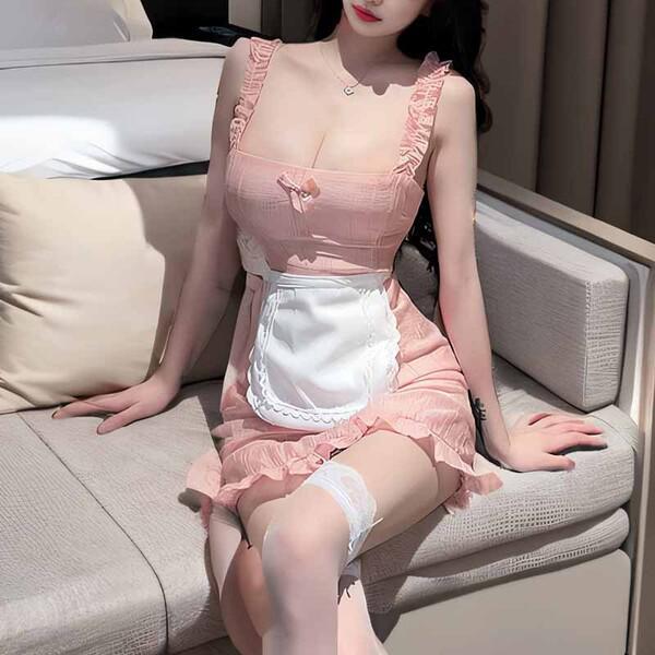 Seductive maid costume set featuring sheer lace apron and sleep dress, perfect for women seeking elegant yet playful attire.