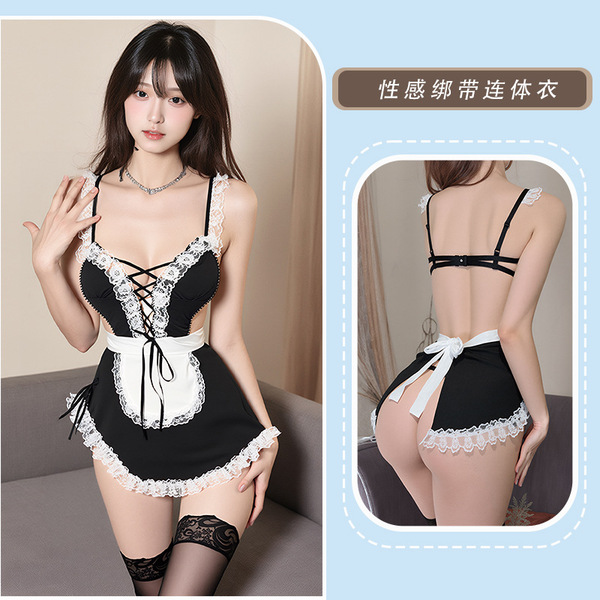 Passion Lingerie Set - Seductive Maid Costume with Lace, Ties & Corset-Style Sleep Dress for Role Play - black