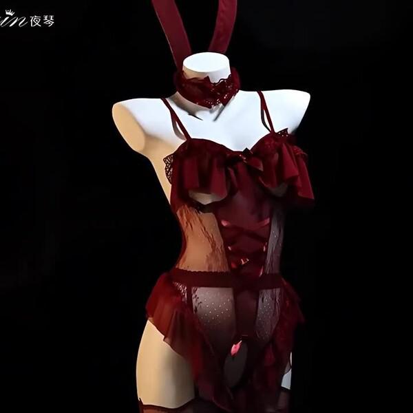 Rabbit girl lingerie set: sexy tight-fit costume sleepwear for women, pure & tempting qqny style with red lace and bow detail...