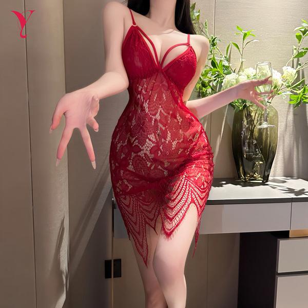 Elegant red lace nightgown featuring delicate floral embroidery and sheer design, perfect for a sensual sleep set.