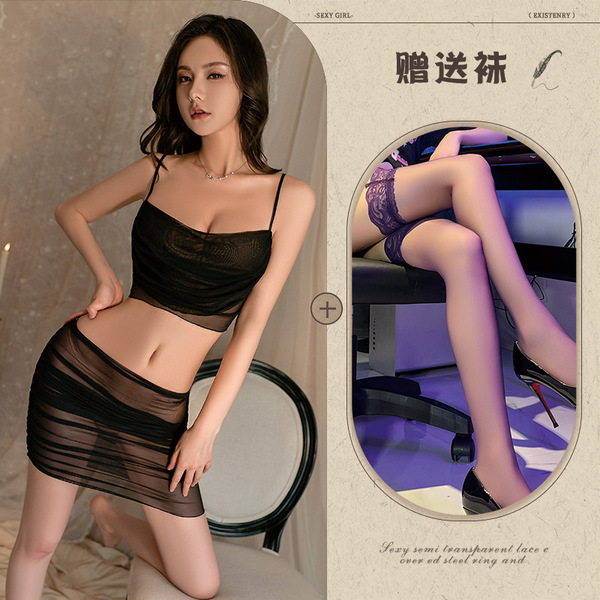 Yue Die Sexy Lace Bodysuit & Sheer Skirt Set – Provocative Uniform-Style Sleepwear Ensemble - Black suit + black stockings