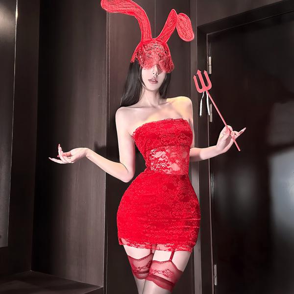 Sexy red lace mini dress with bunny ears and trident accessory, perfect for new year eve party outfits.