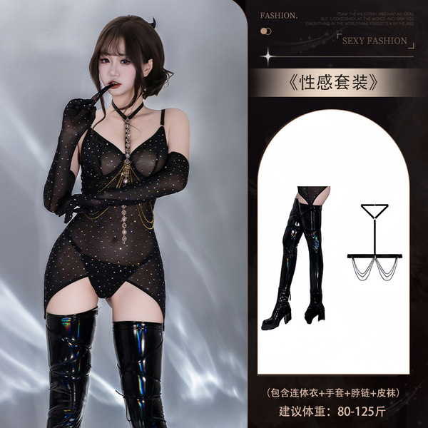 Pure & Playful Lingerie Set - Sparkling Sheer Mesh Bodysuit with Cutout Straps & Matching Gloves - Set 4472 (Black) + [8088 Iridescent Leather Stockings + 8129 Chest Necklace]