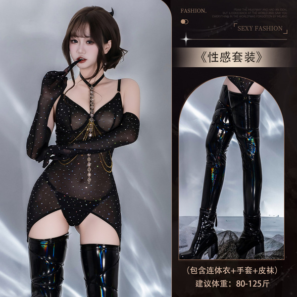 Pure & Playful Lingerie Set - Sparkling Sheer Mesh Bodysuit with Cutout Straps & Matching Gloves - Set 4472 Black + [8088 Iridescent Leather Stockings]