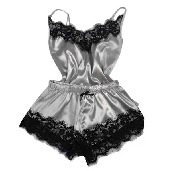 Amazon Ice Silk Women's Summer Sleepwear Set – Sexy Lace Cami & Shorts Two-Piece Outfit - grey