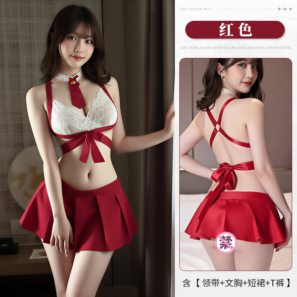 Women's Premium JK Style Sexy Lingerie Set - Schoolgirl Skirt & Suspender Dress, No-Undress Design - red