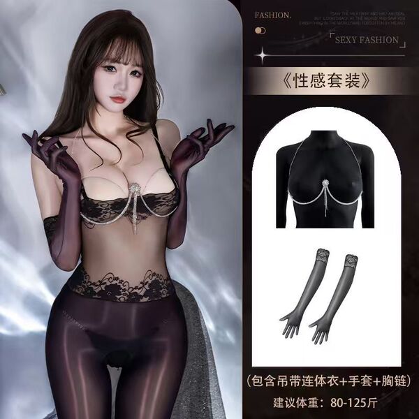 Lace Bodysuit with Sheer Mesh & Glossy Black Stockings - Sexy One-Piece Intimate Wear - 4561 Black glossy bodysuit + [8084 glossy gloves + 8113 chest chain]
