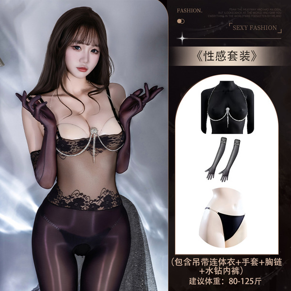 Lace Bodysuit with Sheer Mesh & Glossy Black Stockings - Sexy One-Piece Intimate Wear - 4561 Black glossy bodysuit + [N74 underwear + 8084 glossy gloves + 8113 chest chain]