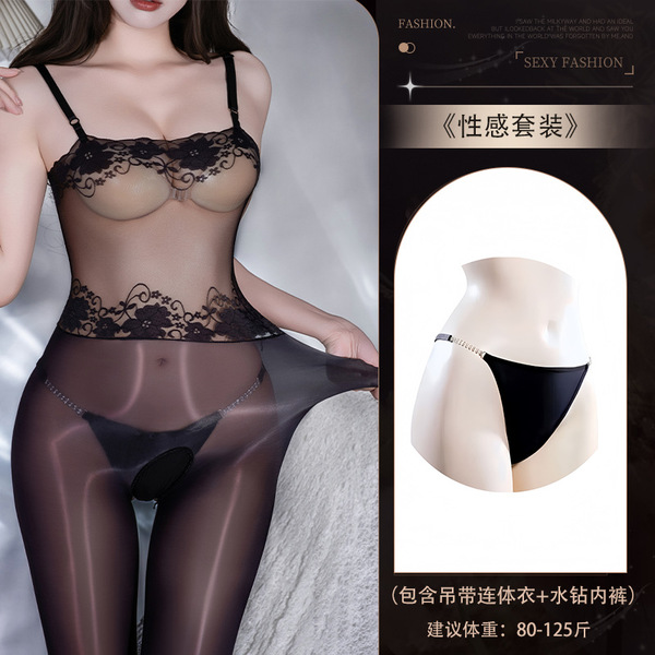 Lace Bodysuit with Sheer Mesh & Glossy Black Stockings - Sexy One-Piece Intimate Wear - 4561 Black glossy bodysuit + [N74 underwear]