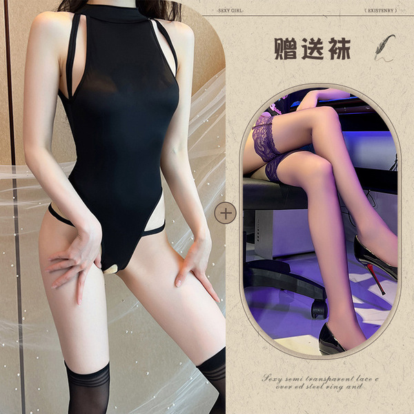 Sexy Lingerie Set with Open-Crotch Design - Seductive Costume Sleepwear for Women, No-Remove Stylish Outfit - Black + black stockings