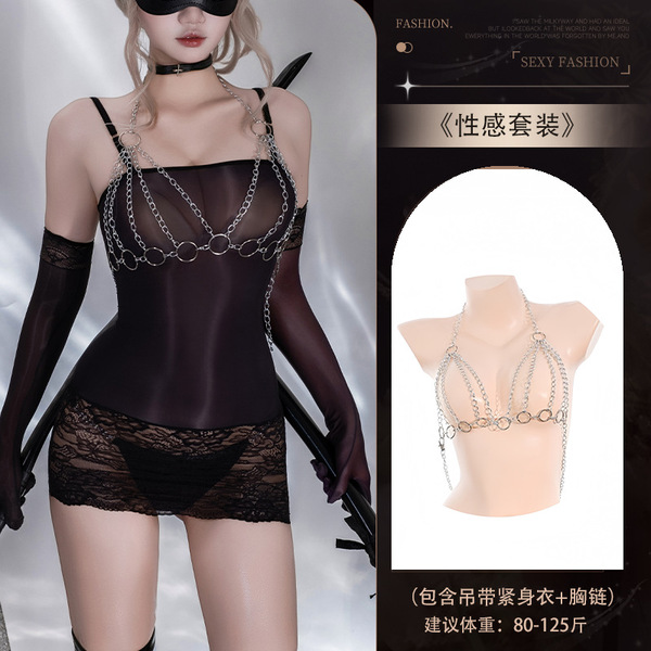 Sexy Horse Oil Shine Bustier Top & Lace Bodycon Stockings Set - Ultra-Thin Sheer Lingerie Outfit - 4618 Black Dress + [8131 Chain Top]