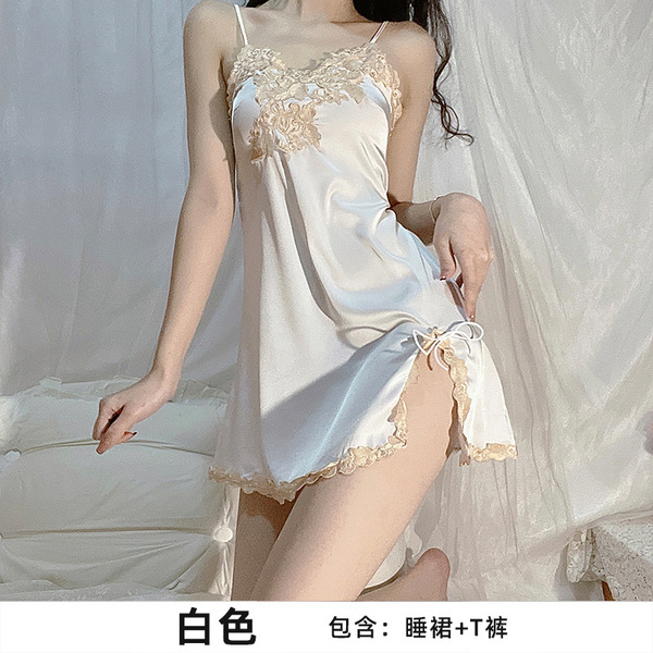 Sexy Lace Sleep Dress with Sheer Back & Slit – Breathable Ice Silk Sensual Nightwear for Women - White