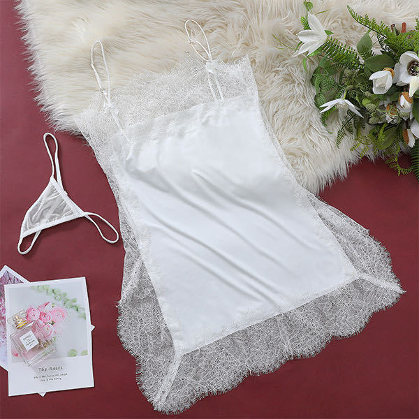 Sexy Lace Mesh Chemise Sleep Dress with Thong – Flirty Romantic Lingerie Set for Women - White